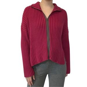 Bryn Walker Zip Up Sweater Red Ribbed Cotton Casual Minimalist Fall Size Medium